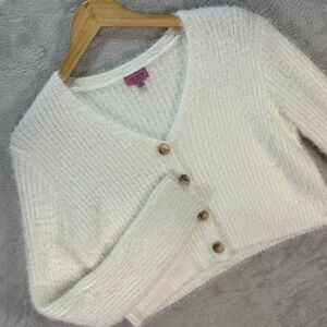 Mi Ami for Francesca's Women's White Fuzzy Cropped Cardigan Sweater Button Sz XS